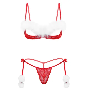 Mulheres Pura Laço de Natal Lingerie Conjunto de Correias Ajustáveis Abrir Copos Pena Branca Guarnição Sutiã com G-corda lingerie Sexy