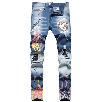 Hip Hop Estilo de Moda Impresso Jeans Mendigo Rasgado Tecido Magro Calças dos Homens Elástico Meados de Cintura de Calças Casuais