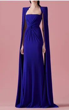 Azul sem Mangas Xale Vestido de Noite de Luxo Celebridade 2022 Princesa Elegante Arabian Prom Vestido de Festa Tapete Vermelho Robe de bal 드레스