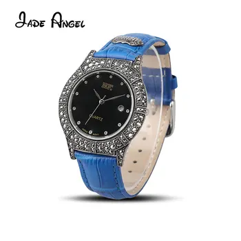 Jade Anjo da Moda, Relógios de Quartzo para Mulheres, Homens Luxo Prata 925 Esterlina de relógio de Pulso com Real Azul Pulseira de Couro
