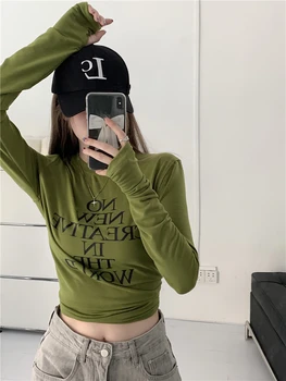 Verde Letra Imprimir T-shirt das Mulheres Tops de Manga Longa, Tees O-pescoço Casual Ulzzang Harajuku Camisas Grunge Egirl High Street Wear N455