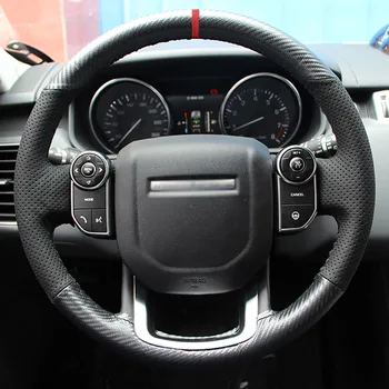 3D em Fibra de Carbono&Buraco Negro de Couro, Volante de Costura à Mão Envoltório Tampa de Ajuste Para o Land Rover Range Rover Sport 2014-2017