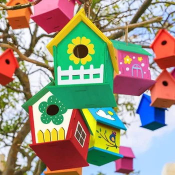 1 Pc Diy Mini Madeira Bird House Pintura a Pincel Colorido Pigmento Brinquedos para Crianças