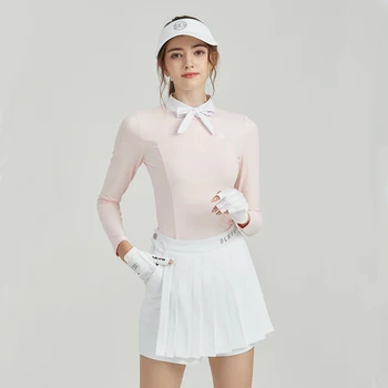 Novo BG de golfe de mulheres de manga comprida T-shirt slim esporte feminino camisas de golfe boknot gola tops dividir calças saias