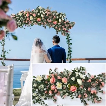 Cor-de-rosa artificial com a grama verde de Casamento Pavilhão de Flores tiras praça dossel de flores decoração Casamento, Decoração de 4M x 24cm