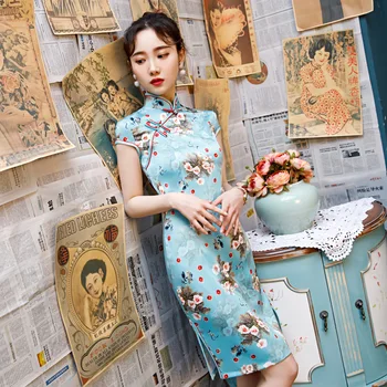Sheng Coco Mulher azul Cetim de Seda Cheongsam Curto Lazer Vestido cor-de-Rosa do Joelho-comprimento Chinês Qipao Flores Impressão de Vestidos Elegantes