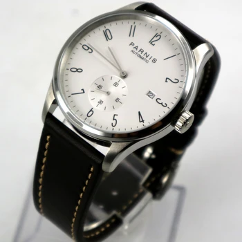 42mm parnis white dial janela de data de couro ST 1731 automatic mens watch