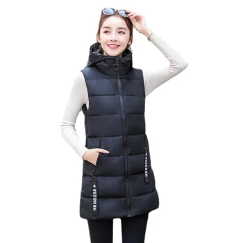 Moda Nova de Outono Inverno Longo Colete de Algodão Mulheres Jaqueta coreano com Capuz Casaco sem Mangas de Tamanho Mais Magro Quente Senhoras Colete 3XL