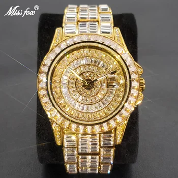 MISSFOX Gelo para Fora de Relógios Para Homens de Luxo, feitos à mão Mosaico de Diamante Relógio de Aço Inoxidável de Moda Hip Hop Impermeável relógio de Pulso 2022