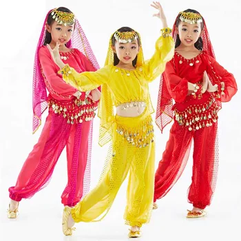 5PCS/SET Crianças de Dança Indiana Vestido de Crianças Traje de Dança do Ventre, Filho de Bollywood Trajes para Dança Menina Dança Desgaste