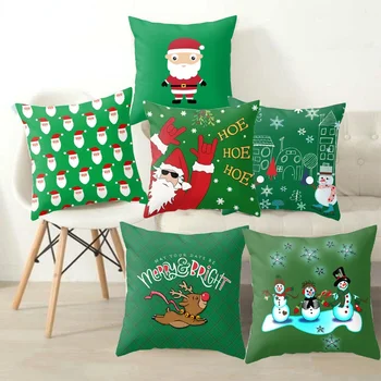 Natal Almofadas Com Desenhos Animados Santa Elk Impresso Verde Capa De Almofada Do Sofá Cadeira De Quarto, Decoração De Natal Fronha