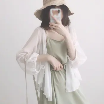 2022 Verão Novo Protetor solar Roupas feminina Manga Longa camisola de malha Fina camada Super Fada Versátil Chiffon Superior Ins Camisa de Moda