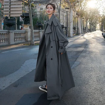 Estilo coreano Solta Oversized X-Longo de Mulheres Casaco de Abotoamento Duplo com cinto Senhora Manto Blusão Primavera, Outono Roupa Cinza