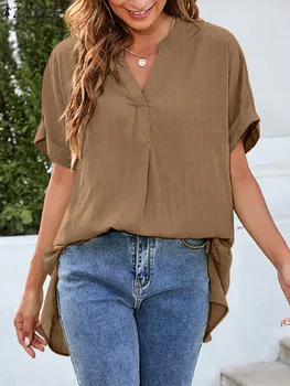 ZANZEA 2022 Mulheres de Verão, Blusas Moda Sólido Tops Irregular Camisas Femininas de Pescoço de V de Trabalho Blusas Feminina Casual Camisa Oversized