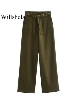 Willshela Mulheres Da Moda Com Cinto De Sólidos Zíper Frontal Calças Vintage Cintura Alta Fêmea Senhora Chique Reta Calças