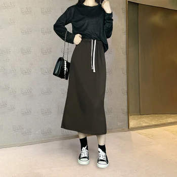 2022 Outono Inverno Longa Saia Midi Cor Sólida Slim Fenda coreano Streetwear Saia Preta Feminino Falda Com Cordão VD3350