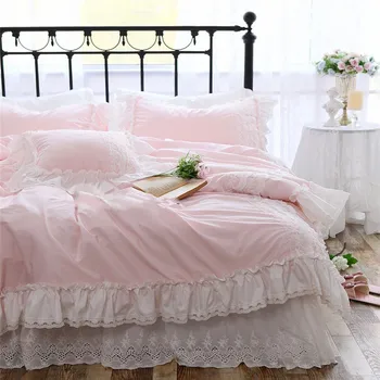 Francês-coreano estilo princesa rendas babados cor sólida de alta contagem de fios de puro algodão saia de cama twin completo, rainha, rei conjunto de roupa de cama S