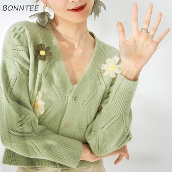 Cortada Camisola Casaquinho de Mulheres Solta Estilo coreano com decote em V Oca-Out de Design de Moda Doce Sólido 3D Decoração Chique Linda Concurso
