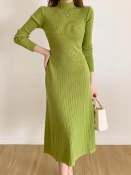 Verde de Malha de Mulheres, Uma Linha de Vestidos Outono Inverno Metade Gola Manga Longa em Malhas, Vestidos Camisola de Senhoras