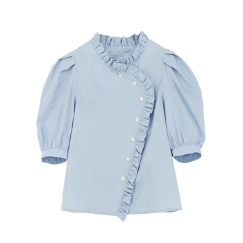 TALVEZ U, Branco de Azul Stand Colarinho Sólido Camisa Puff Manga Curta com Botão Blusa de Verão Casual Solta Mulheres Plissado B0558