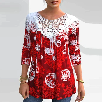 Vintage Mulheres De Natal De Impressão Blusa Camisas Primavera, Outono Moda O Pescoço, Camisa De Manga Comprida Senhora Elegante Ocos Pulôver Tops