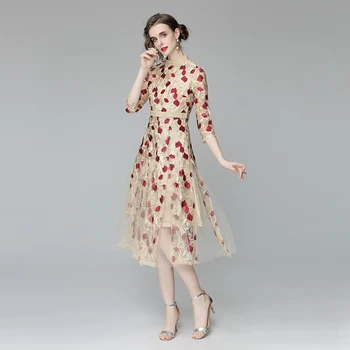 A8609 nova indústria pesada malha bordado de moda slim retro gola redonda 7-ponto de manga do vestido
