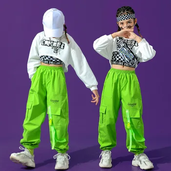 Novo Hip Hop Kids Dança Traje Verde Tops Meninas Jazz Moderno Roupas De Hip Hop Calça Show No Palco, Crianças De Rua, Dança De Roupas