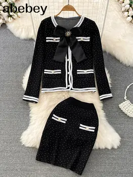 Novo 2022 Outono Inverno coreano Cor Preta de Malha Terno das Mulheres O Gargalo Suéter + Cintura Alta a Mini Saia de Duas peças de Conjunto
