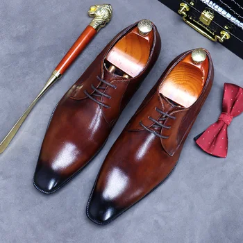 2021 Novos Negócios Desgaste Formal de Couro Genuíno Sapatos de Pontas de Homens Oxfords Forro de Couro Britânico Esculpida Sapatos feitos à mão