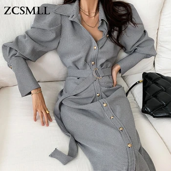 ZCSMLL Longo vestido coreano chique temperamento lapela único breasted único plissado cinto projeto xadrez puff manga vestido feminino 2022