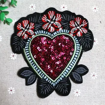 Flores do coração shap patch bordado de lantejoulas,acessórios de vestuário, casaco, T-shirt, saco de decoração de patches,5PCS/monte