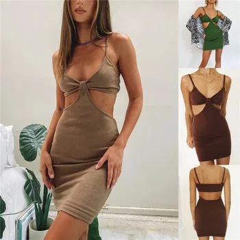 CHRONSTYLE Mulheres Sexy Malha Cortada de Espaguete fita para o Mini Vestidos Halter Neck Vestido sem costas Clubwear Festa Y2K Streetwear 2021