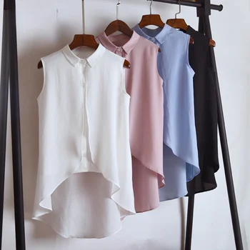Assimétrico Chiffon Mulheres Brancas Camisas De Verão Novo Design 2022 Vire Para Baixo De Gola, Mangas Sólidas Soltas Elegante Senhora Do Escritório Tops