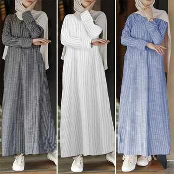Abayat Vintage Casual Manga Longa Abayas para as Mulheres Dubai 2023 Listrado Roupa de cama de Algodão das Mulheres Vestido de Túnica Femme Musulman
