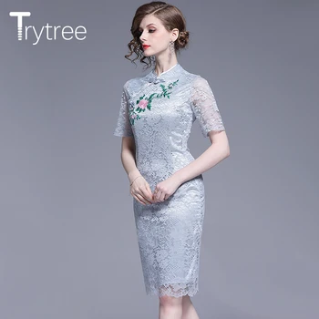 Trytree Vestido de Verão Elegante Colarinho de Mandarim Botão Bordado Floral Lace mulheres vestidos Casuais Bainha do Joelho-Comprimento Vestido Cinza