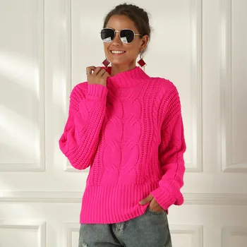 Neon Camisola Mulheres De Malha Cor-De-Rosa Sólido Knitwears 