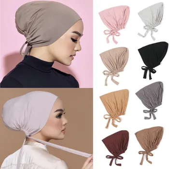 18Colors Premium Jersey Muçulmano Interior Pac Trecho Hijab Com a Corda Ajustável Mulheres Underscarf Cor Sólida Islâmica Turbante Headwear