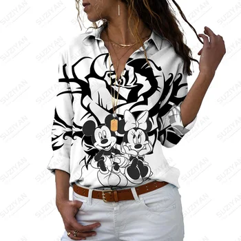 Mulheres Imprimir Temperamento Casual Tops Mulher Solta Camisa de Manga Longa do Mickey Mouse da Disney Gráfico Impresso Mulheres Camisa