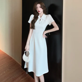 Vestidos Para Mulheres 2022 Verão sólido fino polo design Branco Vestido Longo de Uma linha de saia 094