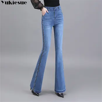2022 primavera, outono coreano stytle Trecho HighWaisted Jeans Feminina Jeans Skinny Flare Jeans de Algodão Elegante retro Slim