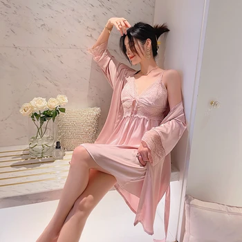 2Pcs Mulheres Sexy-de-Rosa de Cetim Lace Manto & Vestido Conjunto de Pijama Conjunto de Canais de Dama de honra do Casamento de Pijamas