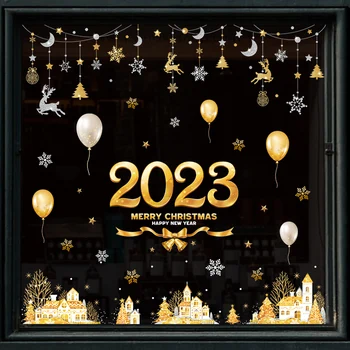 Natal 2023 vidro adesivo cena atmosfera decoração etiqueta da janela tema de decoração decoração de suspensão de armazenamento de porta etiqueta