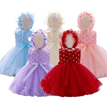 Recém-Nascidos Roupas De Princesa Tutu De Aniversário Arco Infantil Bebê Meninas De Flor Vestidos GownsPure Cor Net Gaze Puffy Vestido De 2021 Novo