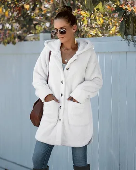 Moda médio e longo casaco de inverno com capuz de grosso de cor sólida blusa para mulheres