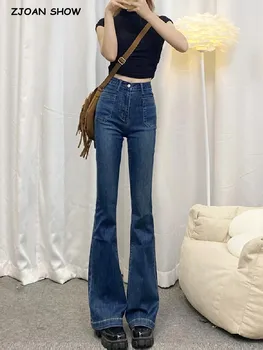 2022 Vintage Skinny De Cintura Alta Jeans Flare Mulheres Bolsos Frontais Slim Fit Stretch Denim, Calças De Comprimento Total Apertadas Calças