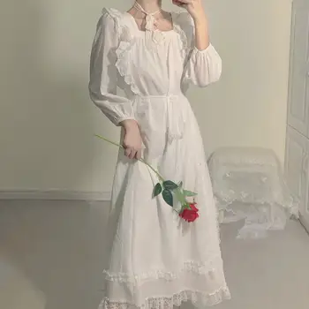 Romântico, vintage, Romântico, vintage girl branco vestido de festa longo, doce laço Frouxo loli mulher vestido de temperamento francês vestidos