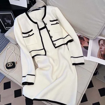 Novo Coreano Moda De Dois Conjuntos De Peças De Mulher Roupa De Malha Bolso Botões Da Camisola Cardigan + Espaguete Vestido De Alça De Conjuntos De Outono
