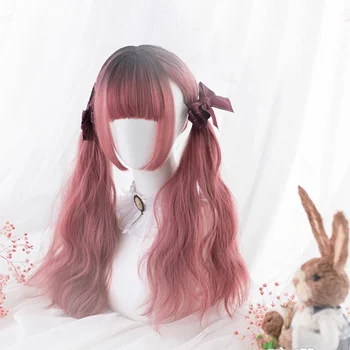CosplayMix Lolita Peruca de Cosplay de Anime 50CM de Longa Preta parda cor-de-Rosa Ombre Senhora Natural Ondulado Festa Sintéticas Resistentes ao Calor de Cabelo+Pac