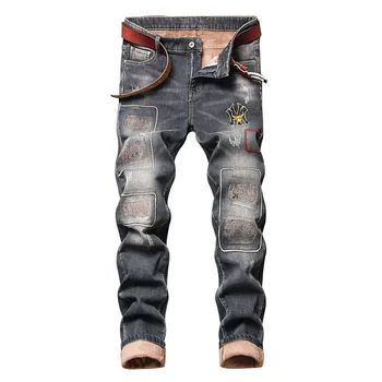 Hipp Hop Pregueado Bordado De Calças Jeans Com Remendos Magro Calças Jeans Stretch Para O Sexo Masculino Lavado Streetwear
