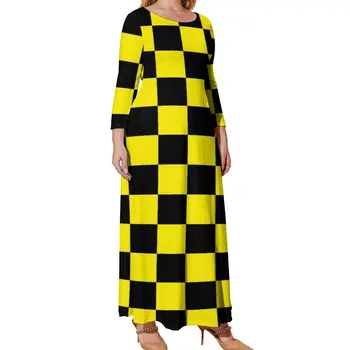 Dois Tons De Preto E Vestido Amarelo Mod Damas De Street Wear De Praia Vestidos De Manga Longa Bonito Vestido Maxi Primavera Plus Size Vestidos